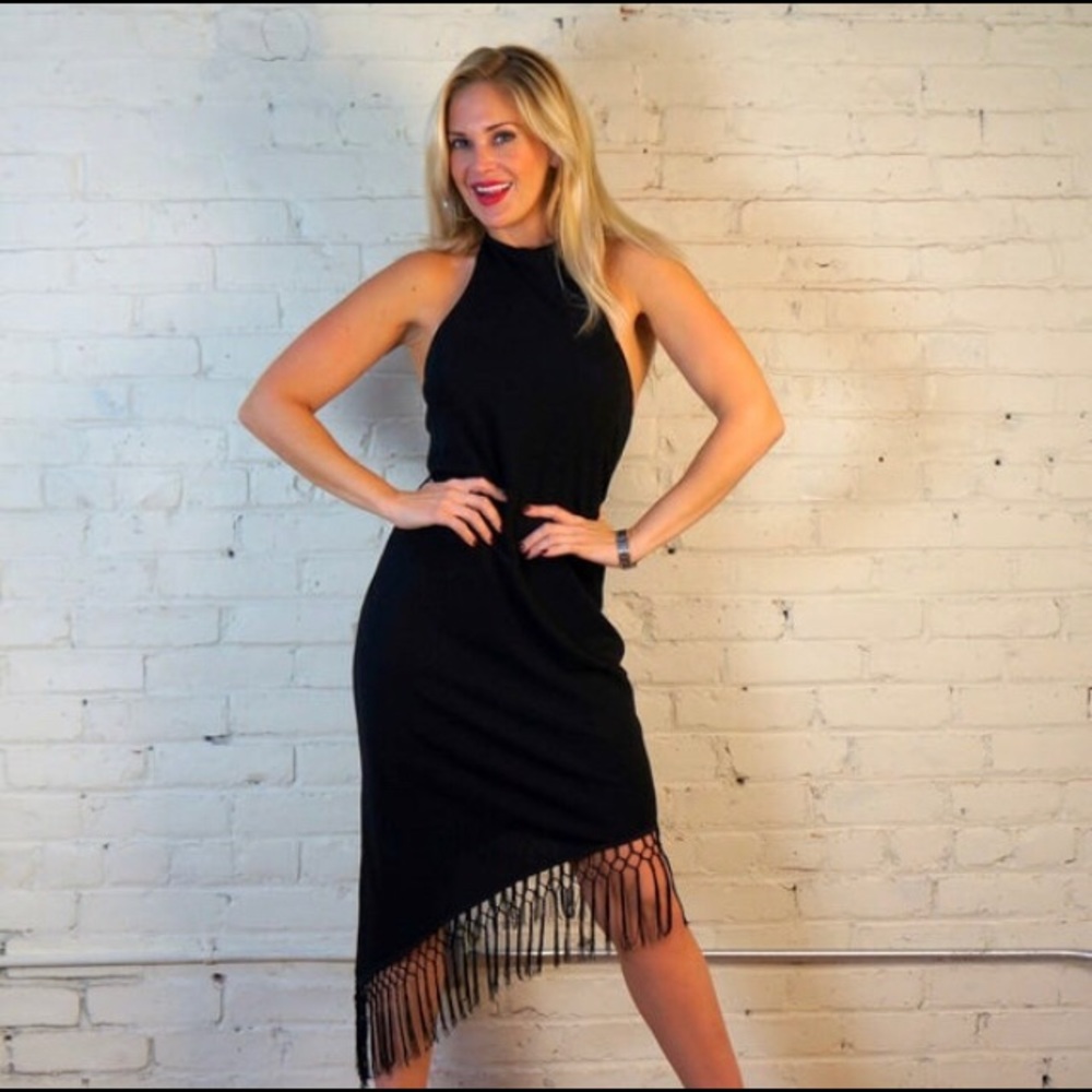 VTG bebe S Open Back Halter Dress Fringe Hem LBD